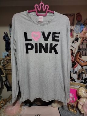Victoria's Secret PINK Originals Gray Love Pink Sequin Long Sleeve Medium